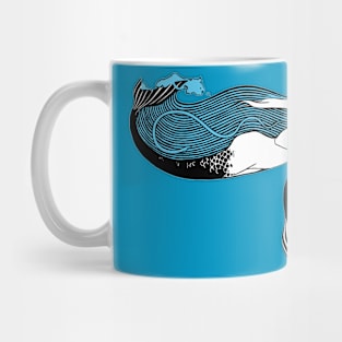 Two mermaids playing and chasing each other in foamy waves. Mug